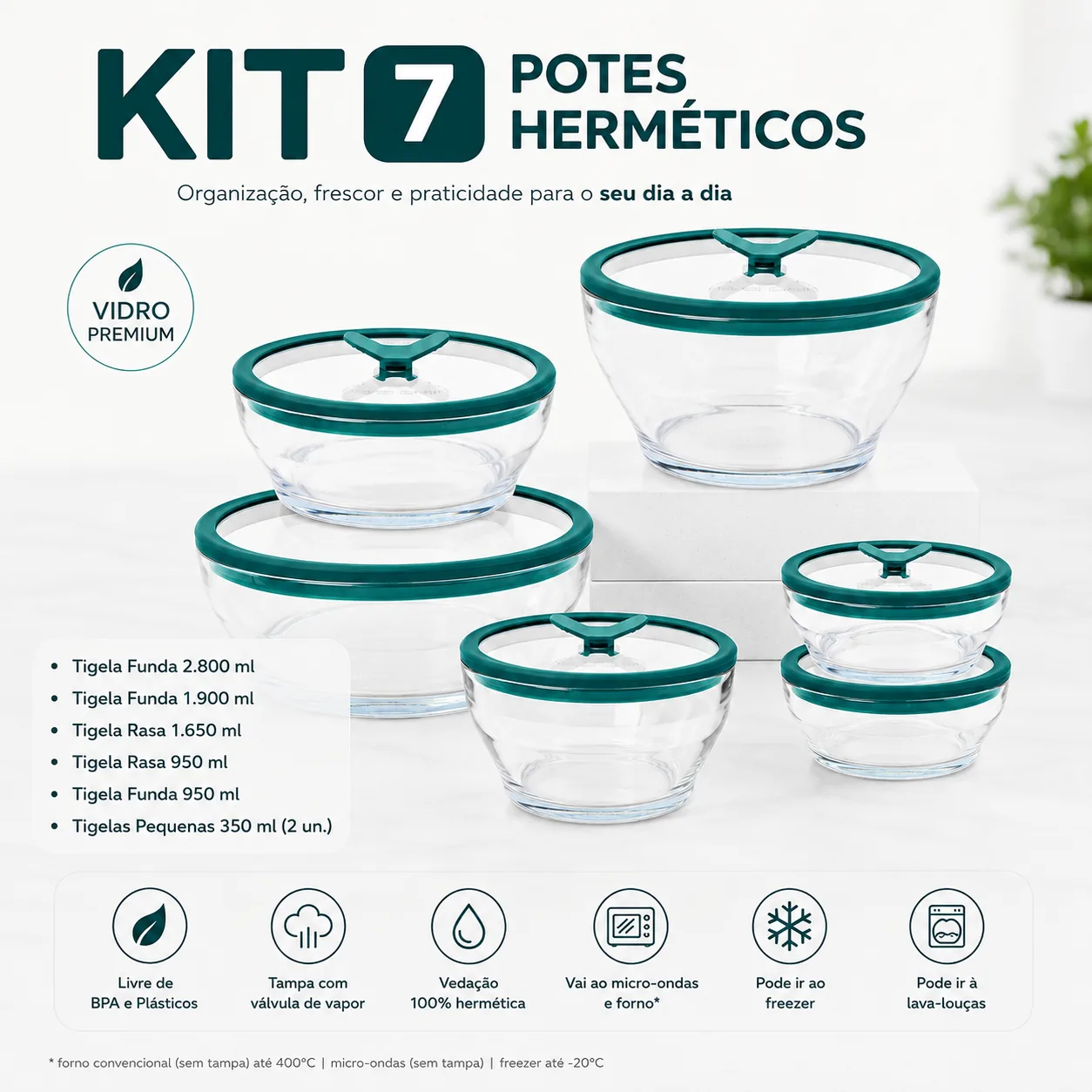 FreshGlass™ – Kit Tigelas de Vidro com Tampa 5 Peças